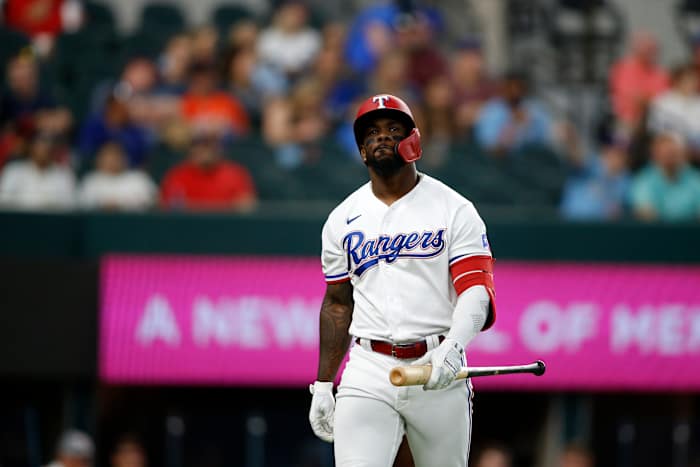 Aug 27, 2022; Arlington, Texas, USA; Texas Rangers right fielder Adolis Garcia (53) reacts after striking out in the first inning against the Detroit Tigers at Globe Life Field. Mandatory Credit: Tim Heitman-USA TODAY Sports